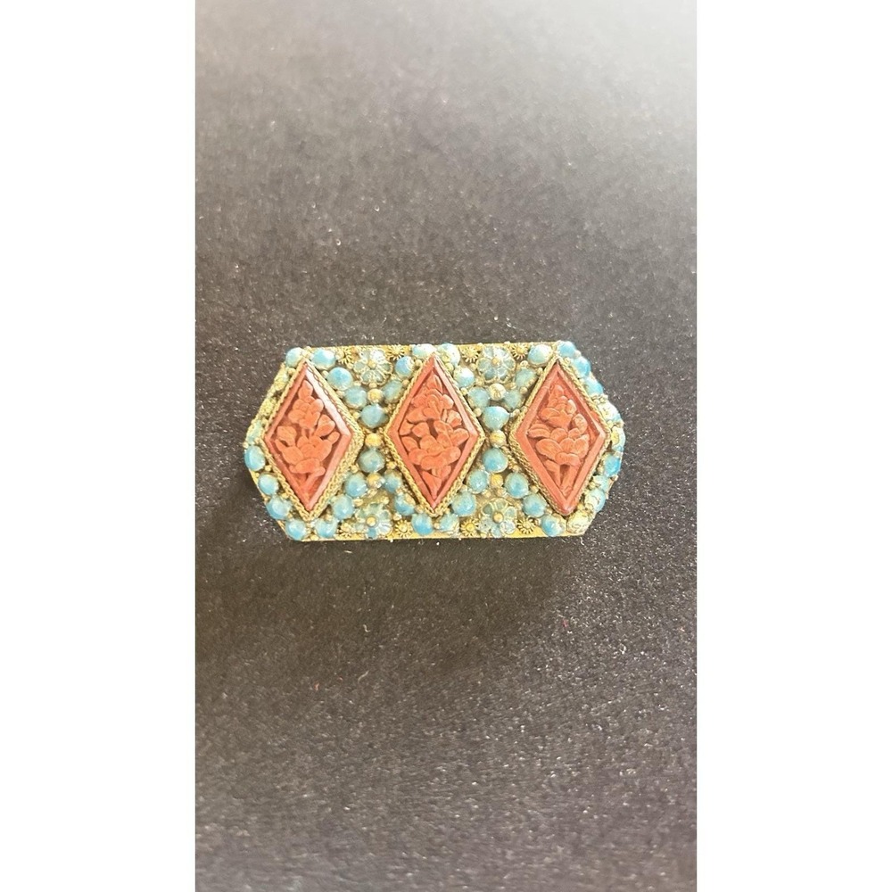 Vintage Nepal Brooch Pin Brass Coral & Turquoise Inlay Tibetan Tribal Jewelry - Picture 9 of 10